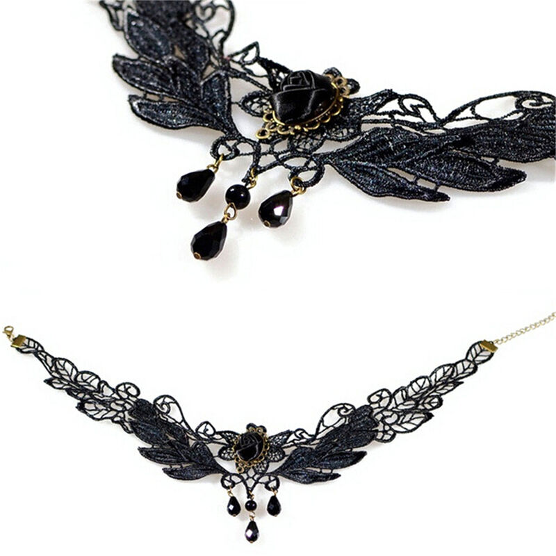 Women's Black Rose Teardrop Bead Pendant Lace Choker Lolita Collar Neckla.l8