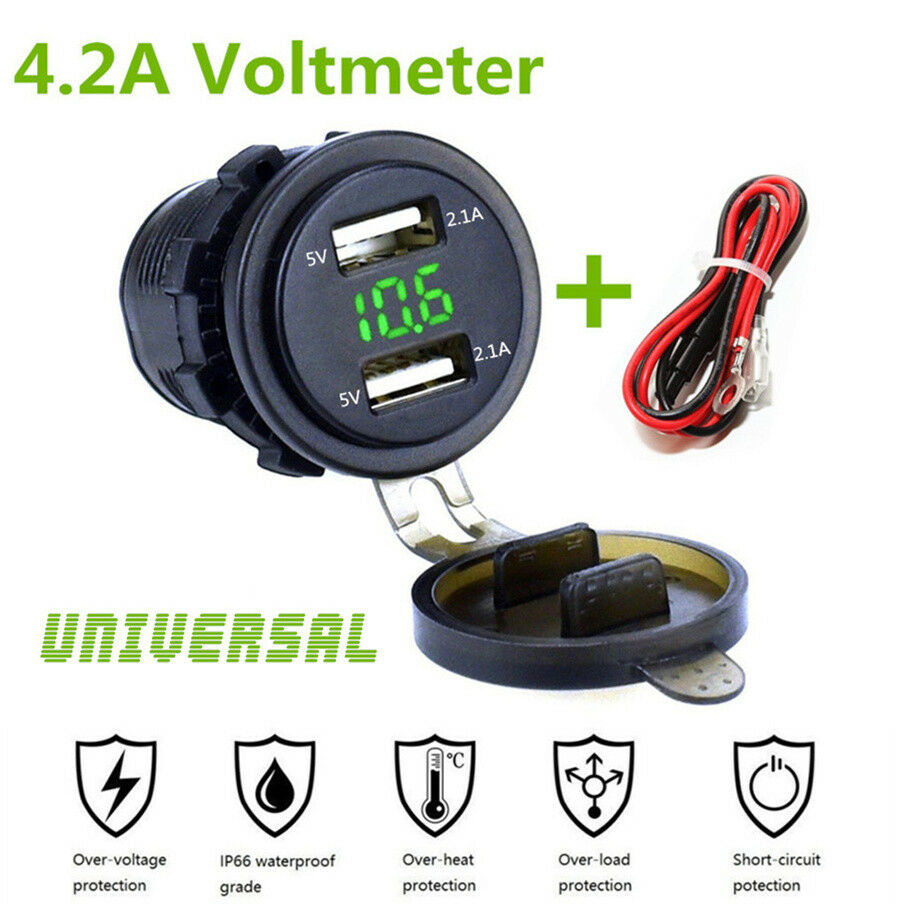 4.2A Dual USB Charger Socket with Green LED Digital Voltmeter & Cable Waterproof