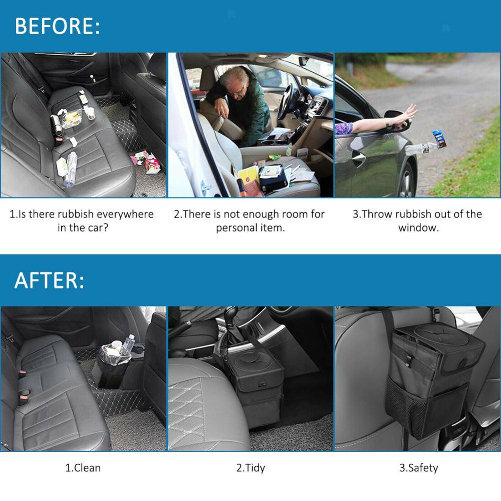 Collapsible Car Seat Trash Garbage Can Rubbish Waste Bin Waterproof Black