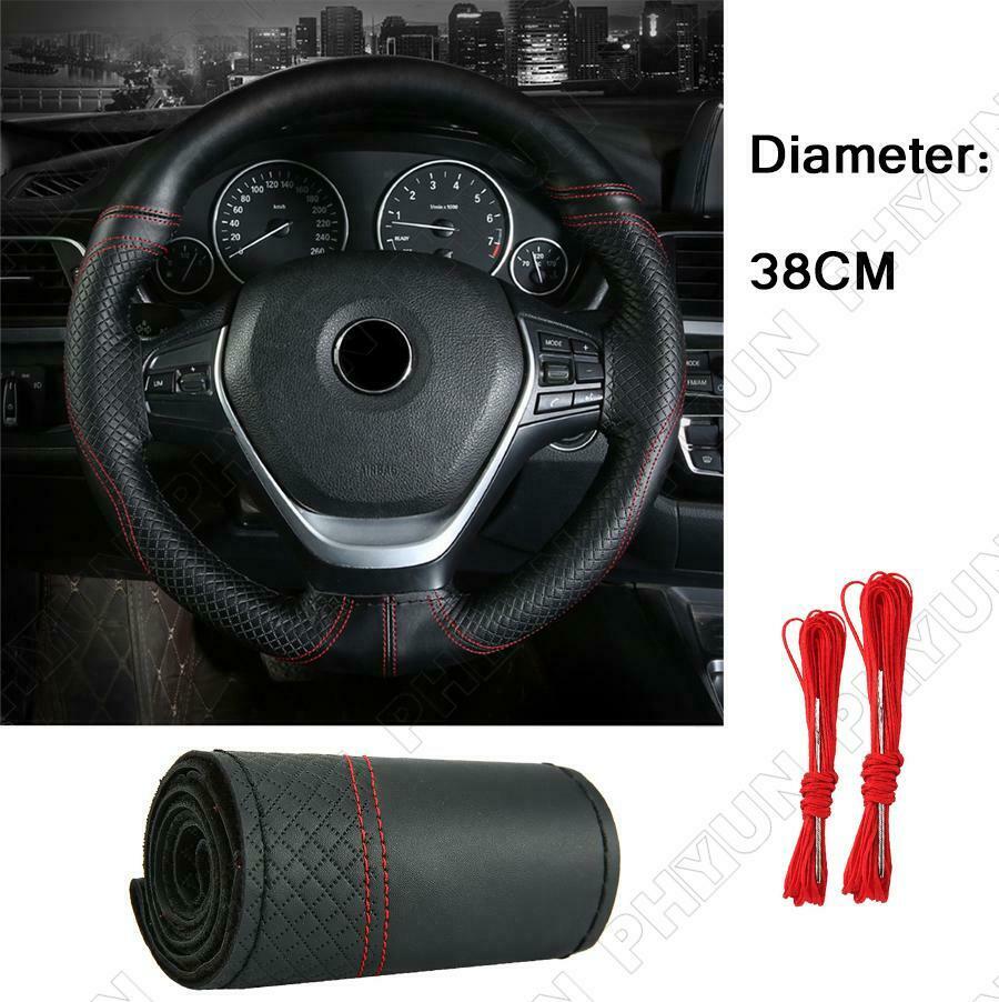 38cm Universal Car Steering Wheel Cover Black Cowhide Leather Red Line DIY Sew