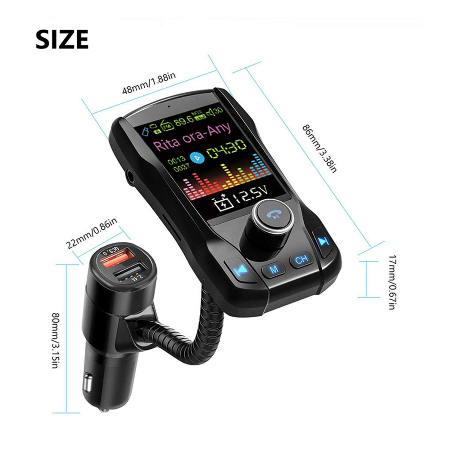 1.8 inch Car Bluetooth 5.0 FM Transmitter MP3 Wireless Adapter Dual USB Charger