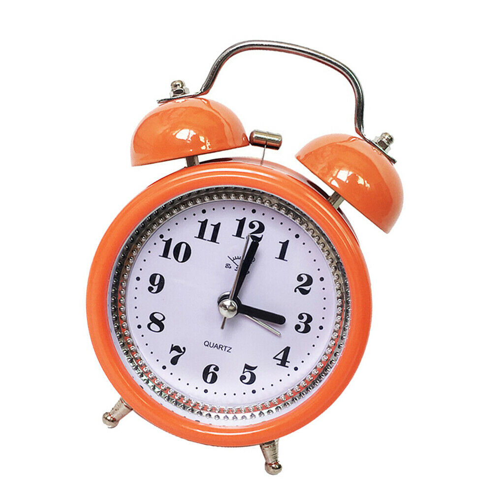 Retro metal double bell alarm clock bedside clock with orange night light