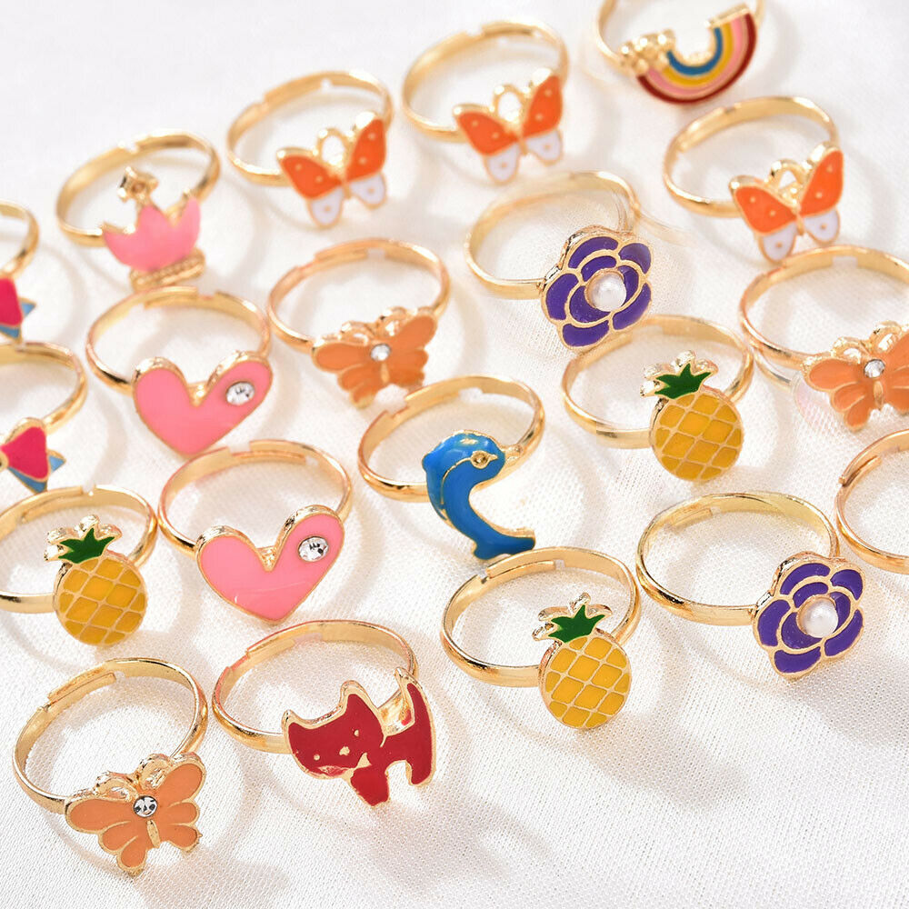 20Pcs/Set Girl Kids Cartoon Adjustable Rings Crystal Ring Jewelry Cute Xmas Gift