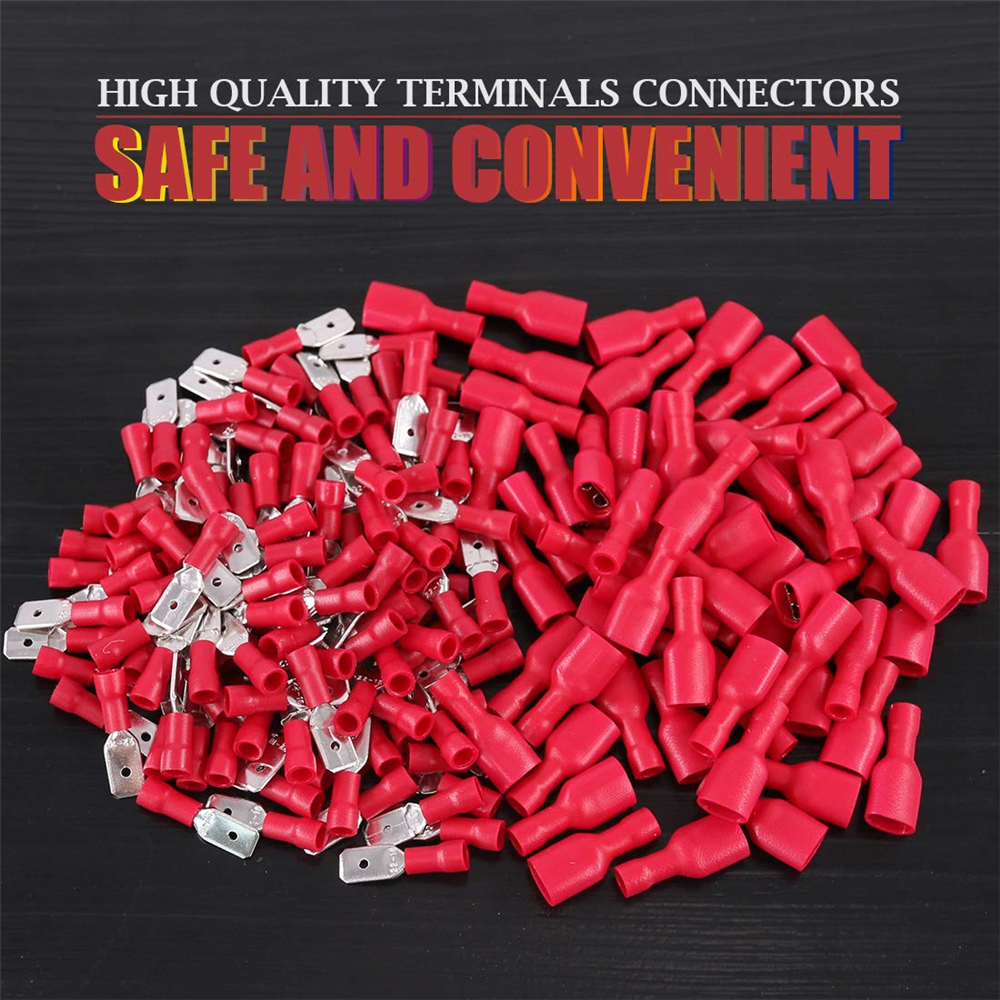 200PCS Red Male Female Vinyl Insulated Spade Wire Connector Terminals 22-16AWG