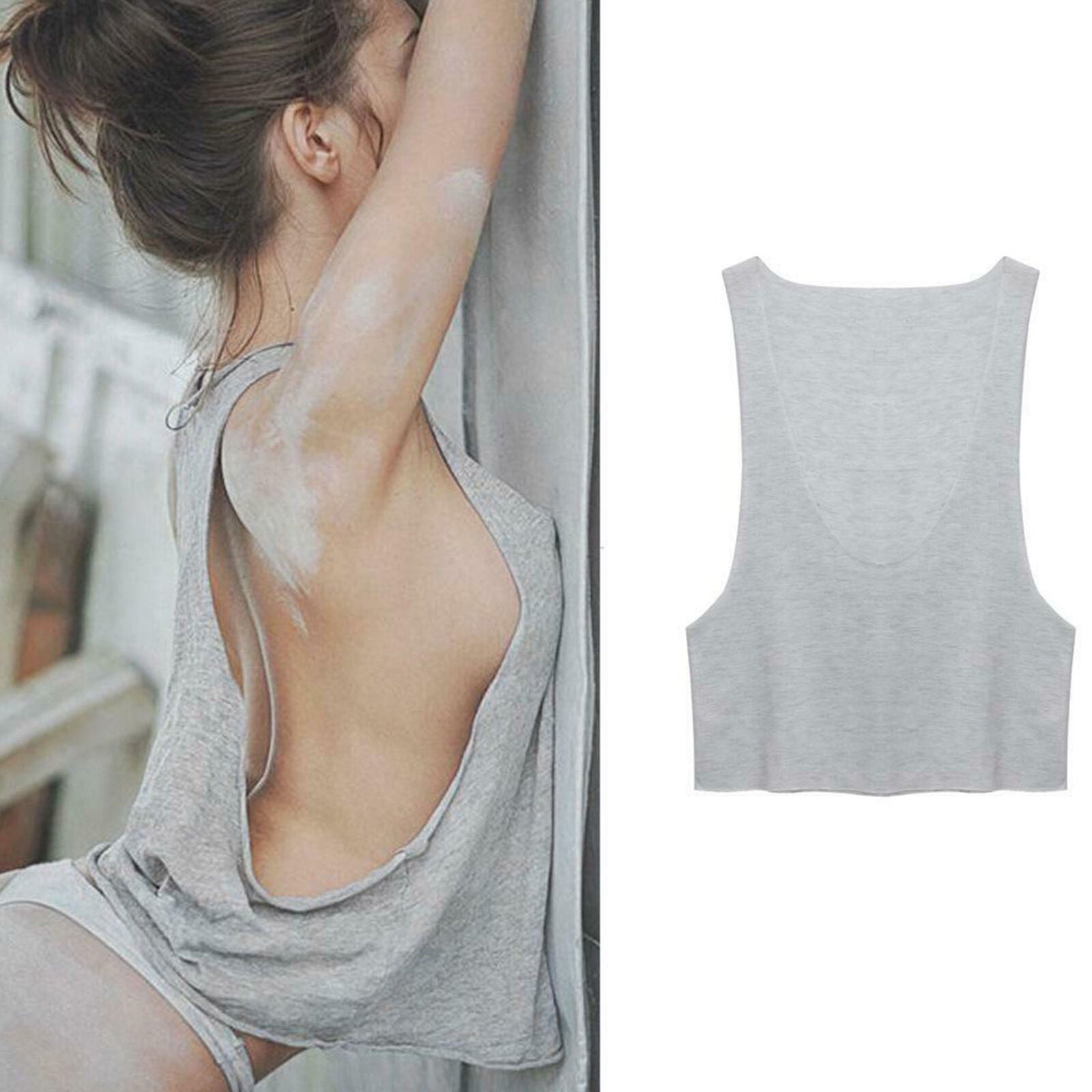 Women Deep V Neck Sleeveless Tank Side Open Short Basic Beach Tops T-shirt