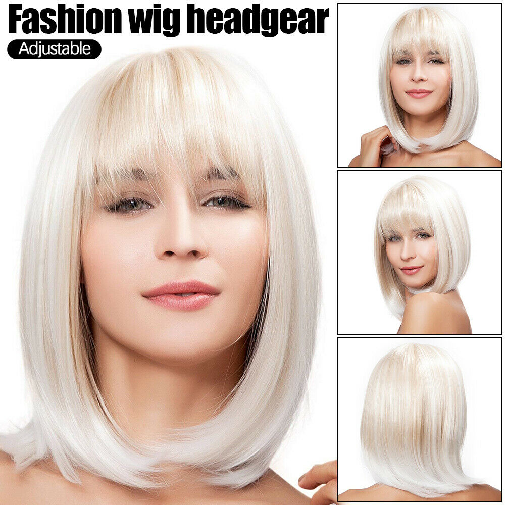 White Ombre Short Bob Wigs Heat Resistant Synthetic Straight Wig with Bangs LIN