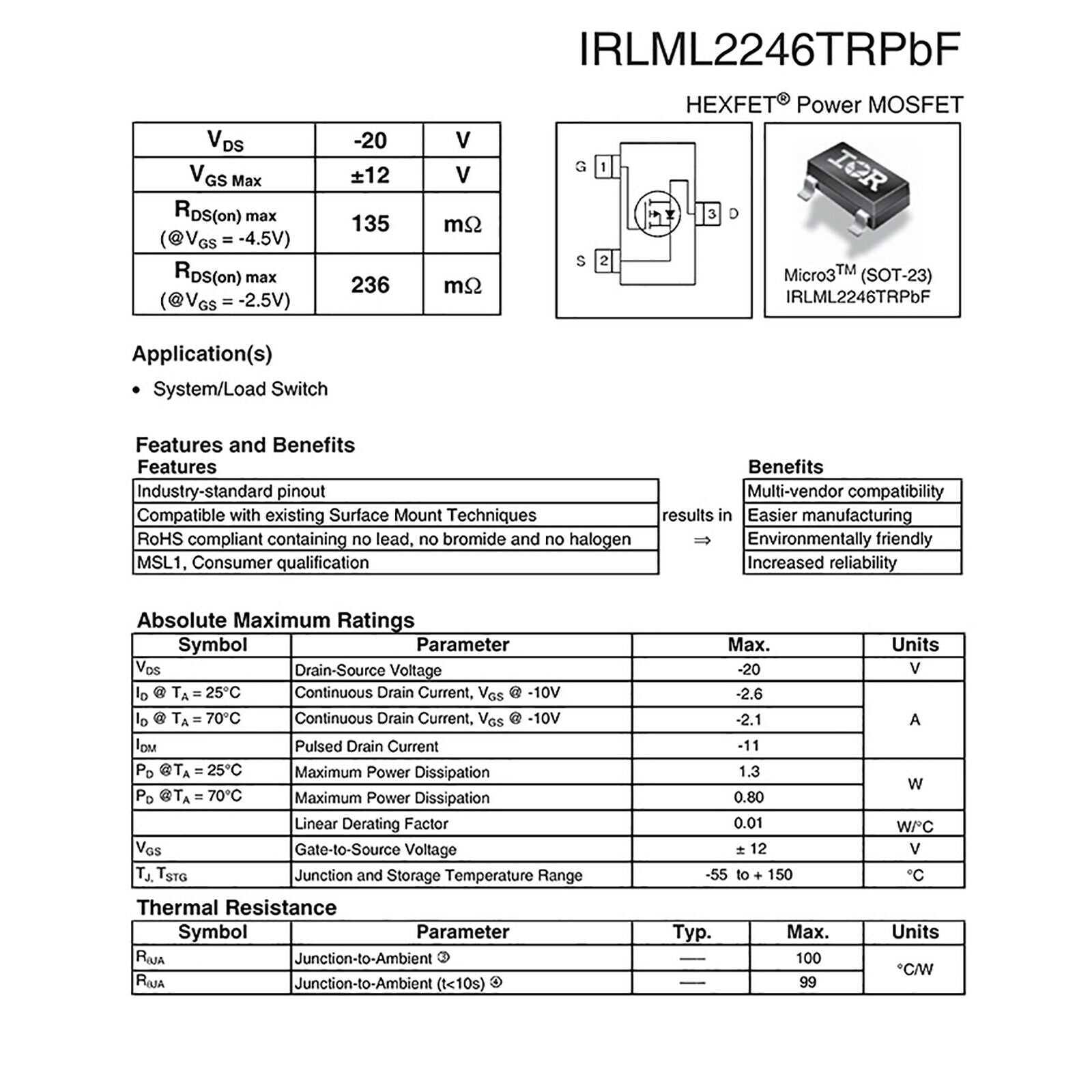 5Pcs IRLML2246TRPBF SOT-23 Transistor P-Channel -20V/-2.6A SMD Power MOSFET