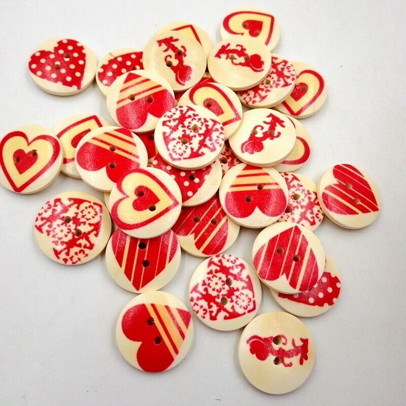 50 Round Heart Pattern Wood 2 Holes Buttons Cardmaking Decor Embellishments