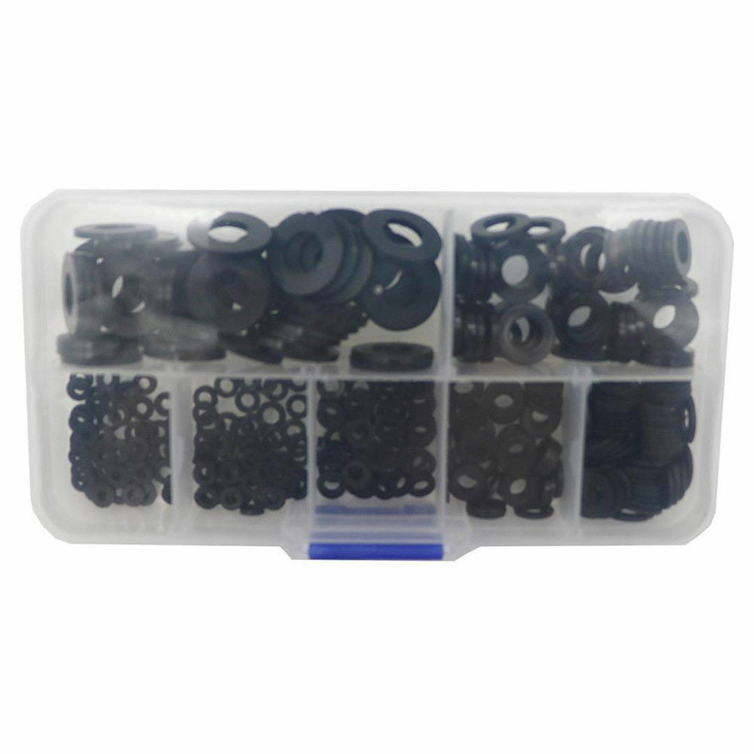 350pcs Set 7 Sizes Black Nylon Flat Washer Assortment Kit M2/M2.5/M3/M4/M5/M6/M8