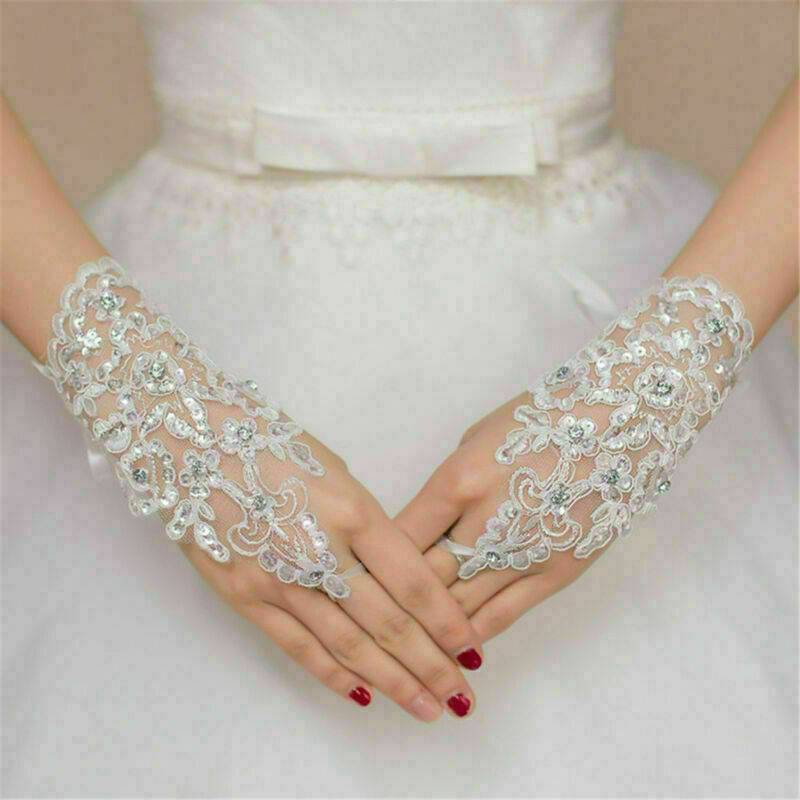 New Lace white Fingerless Short Paragraph Rhinestone Bridal Wedding Gloves