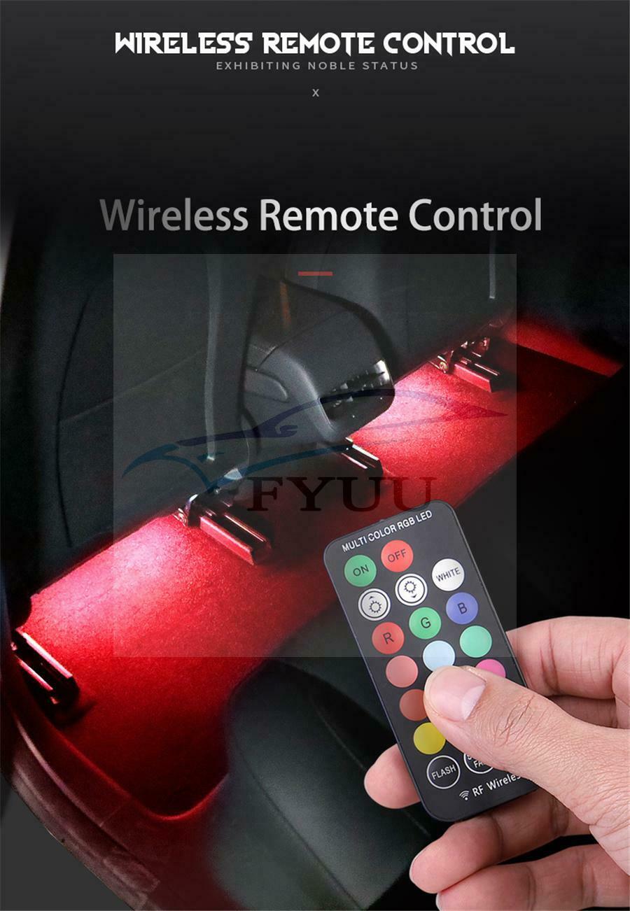4Pc Remote Car Ambient  RGB LED Wireless Lamp Charging Foot Light Interior Light