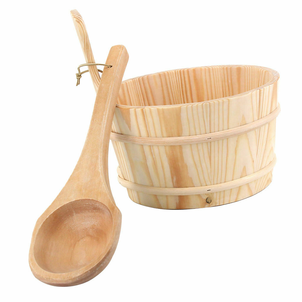 Natural Wooden Durable Sauna Bucket and Ladle Kit with Handle Water Scoop