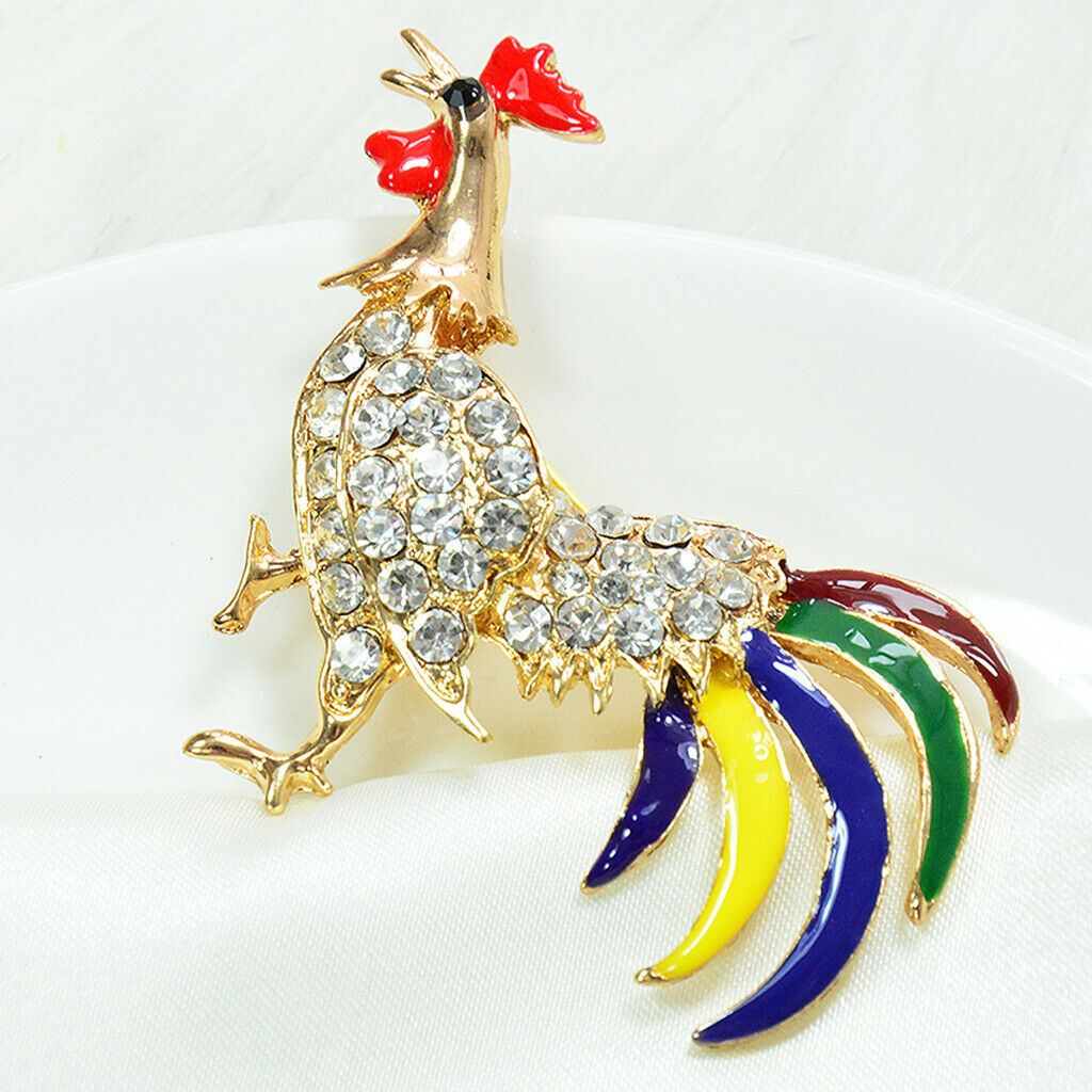 Rooster Cock Brooch Pin Zodiac Animal Enamel with Sparkling Zircons golden