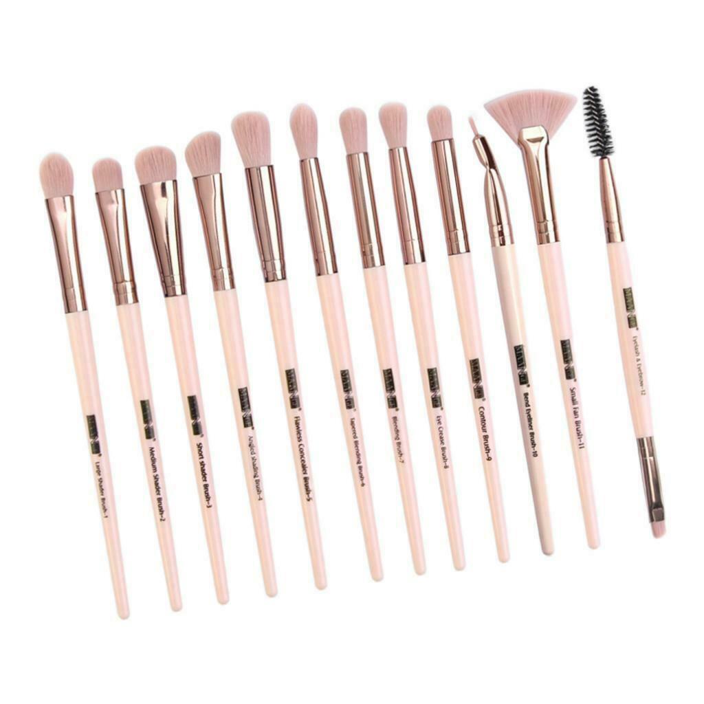 12Pcs Eye Makeup Brush Set for Eyeshadow Eyebrow Eyeliner Pink Rose Golden