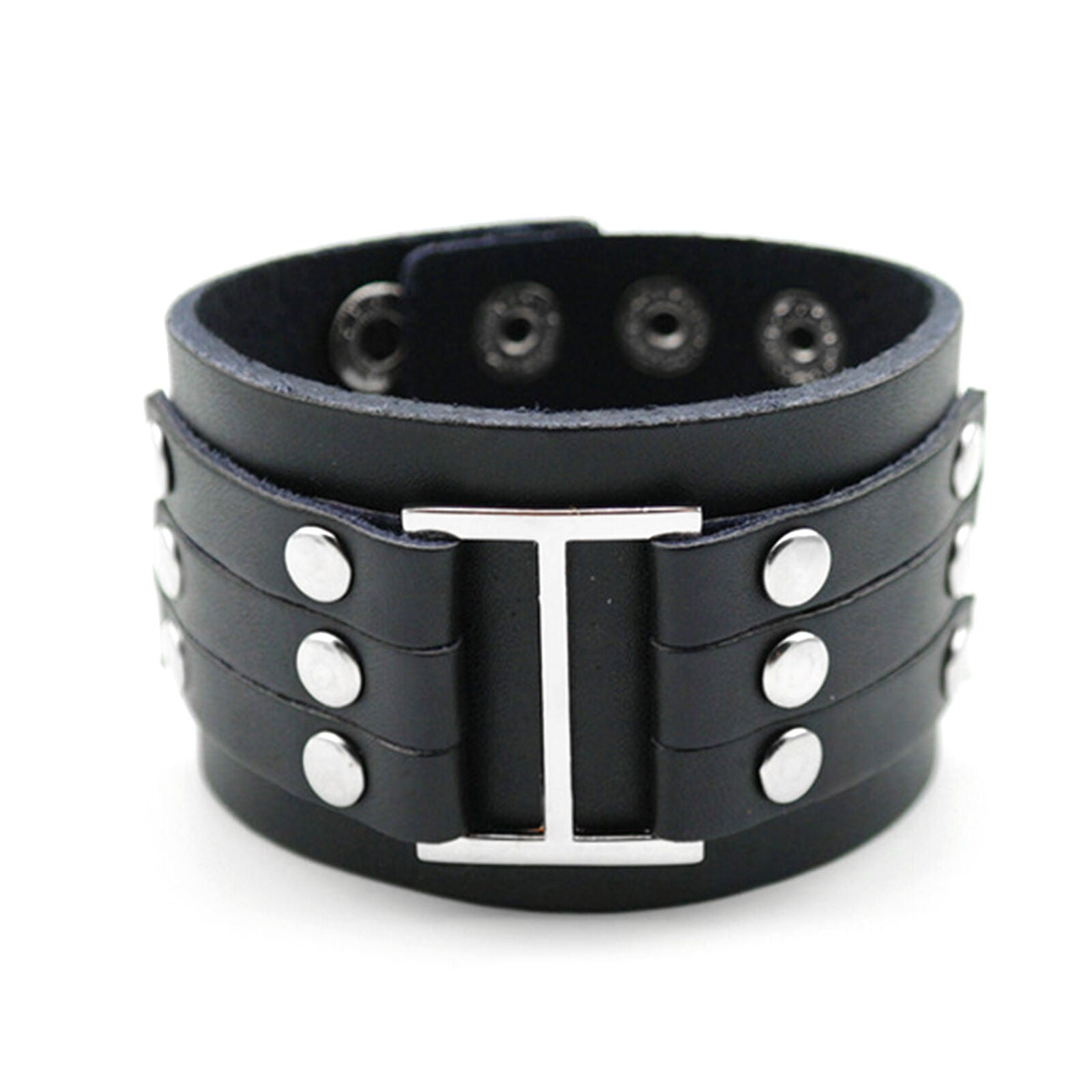 Big Buckle Rivet Cuff Wristband Bracelet Men's Punk Wide Leather Bangle Black