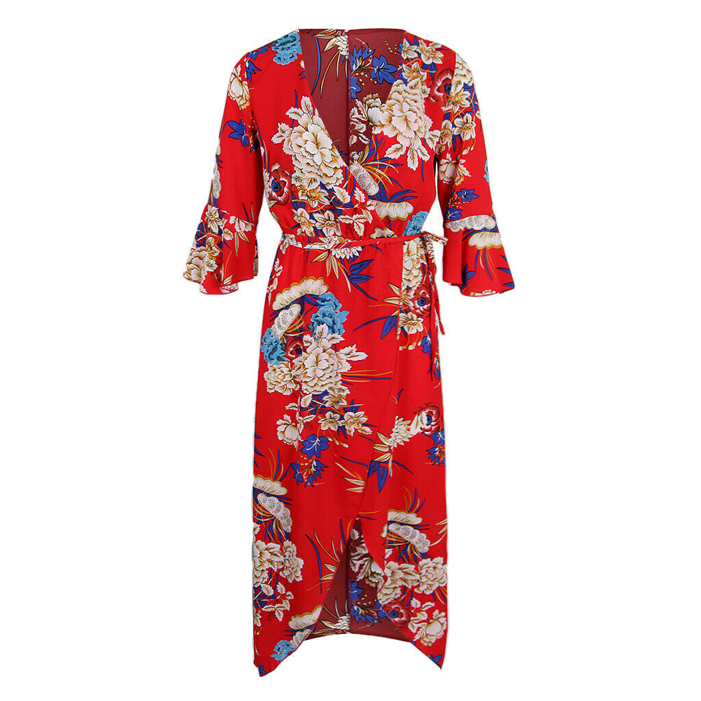 Women's Summer Beach Floral V Neck High Split Wrap Long Maxi Dress Red XL