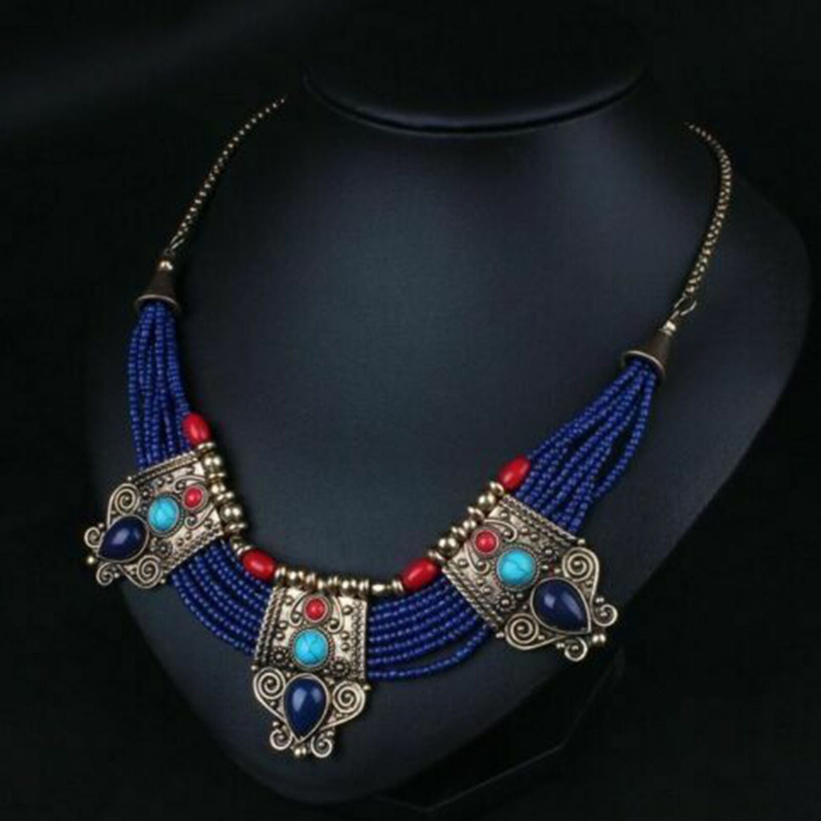 Retro Turquoise Coral Blue Bead Tibetan Necklace Lapis Stone Unique HOT