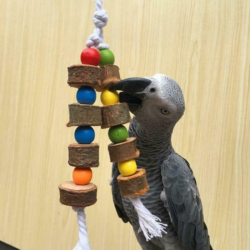 Natural Wooden Birds Parrot Colorful Toys Chew Bite Hanging Cage Balls Two Ropes