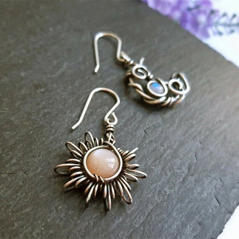 Retro Sun Moon Earrings Moonstone Asymmetric Earrings Woman Jewelry Gift