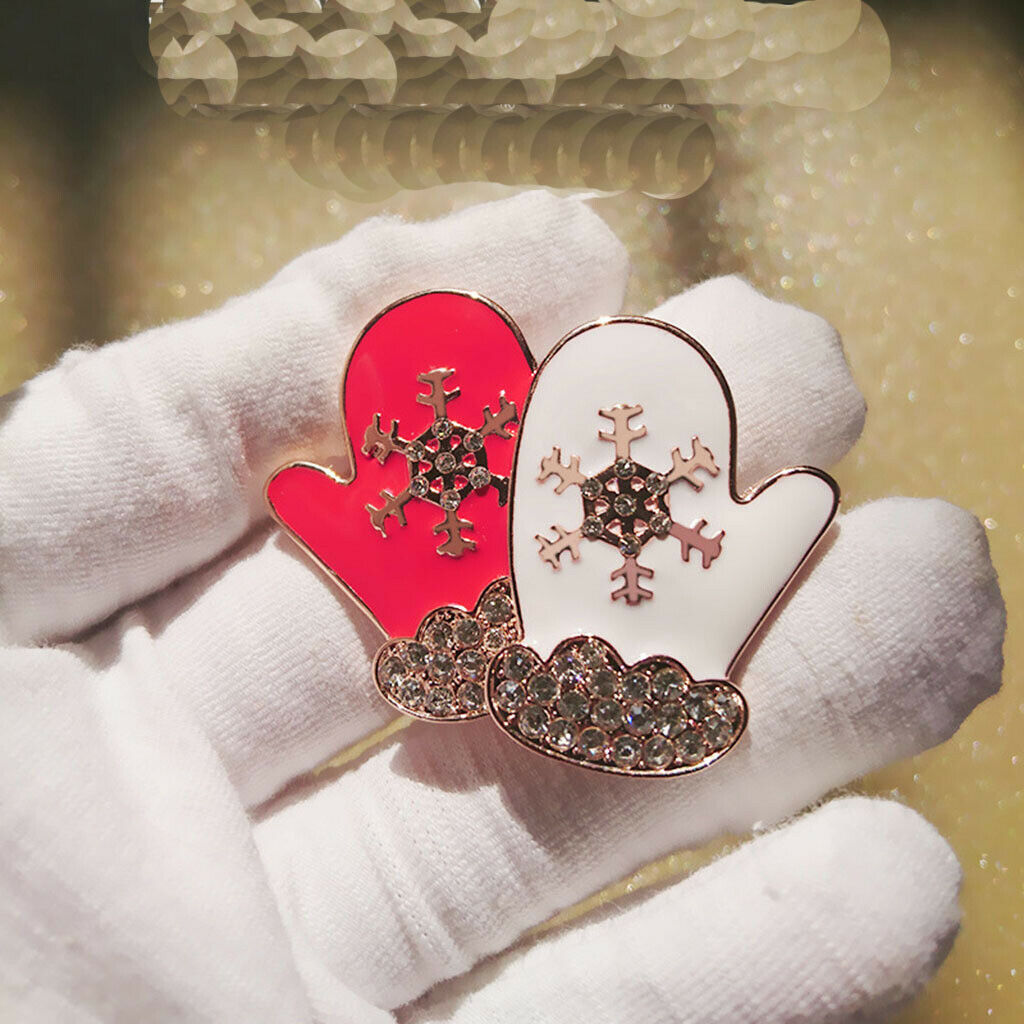Chic Novel Red&White Enamel Christmas Snowflake Rhinestone Gloves Brooch Pin