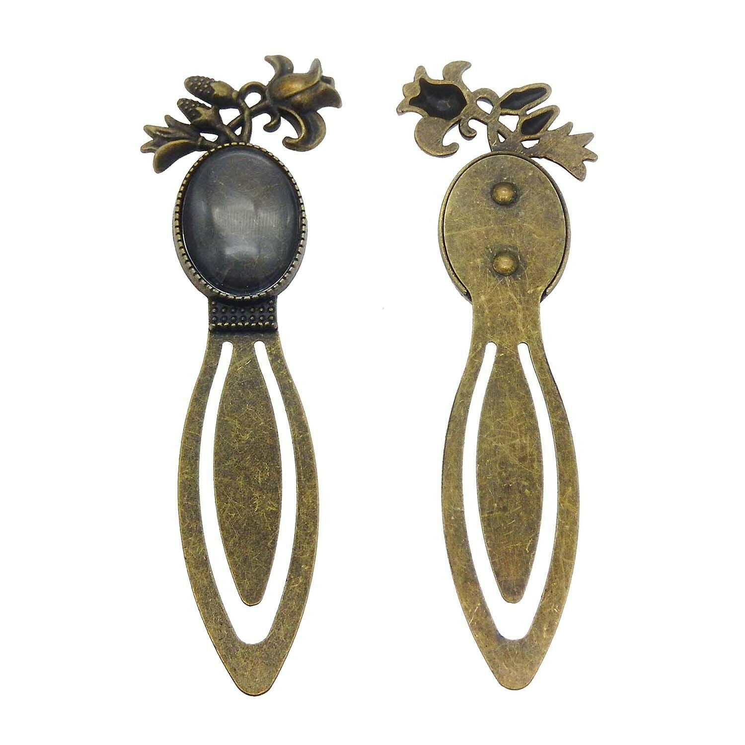 2sets Retro Bronze Alloy Floral Bookmarks Oval Blanks w/ Glass Cabochons 25x18mm