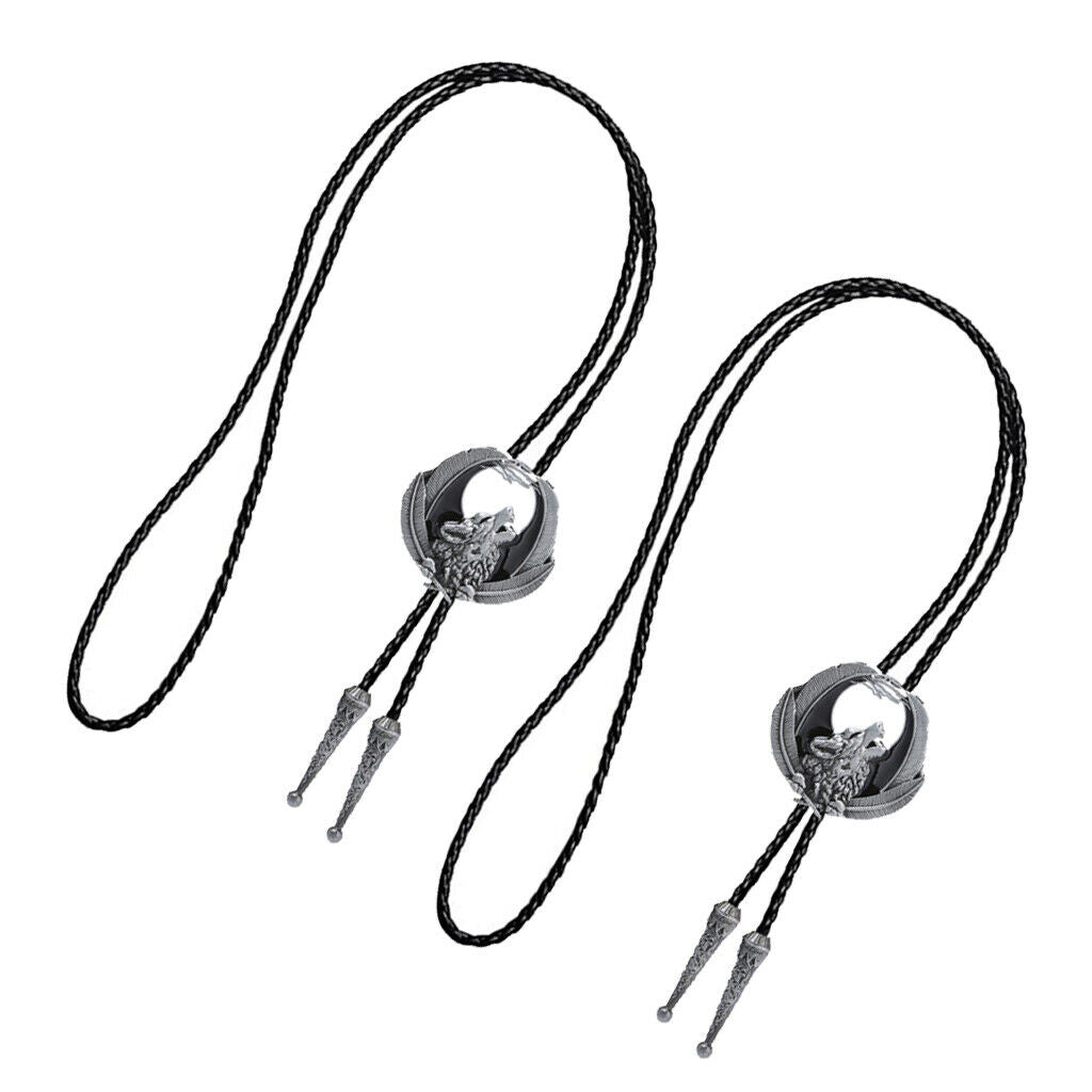 2 Pieces Retro Howling Wolf Bolo Tie Western Cowboy Leather Bola Necktie for Men