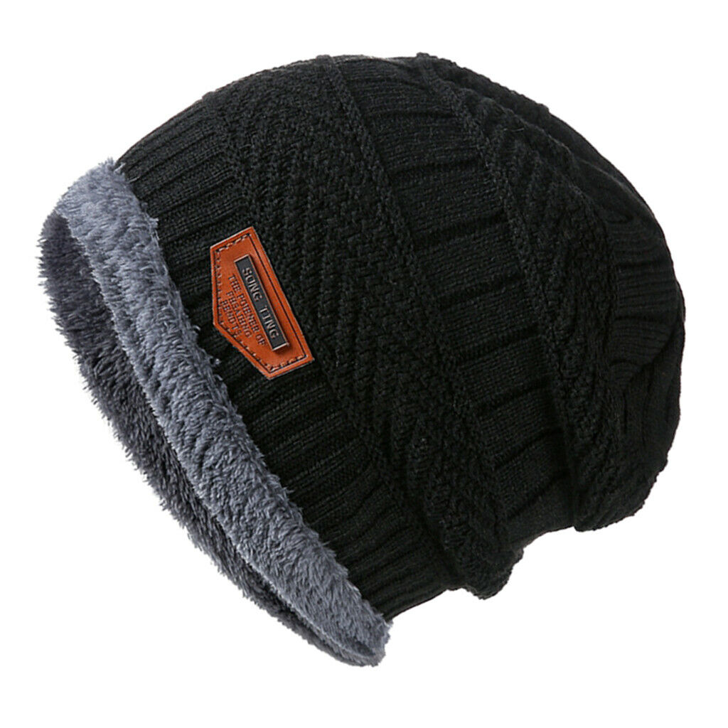 Winter Beanie Hat Soft Warm Knit Hat Thick Fleece Lined Skiing Running Black