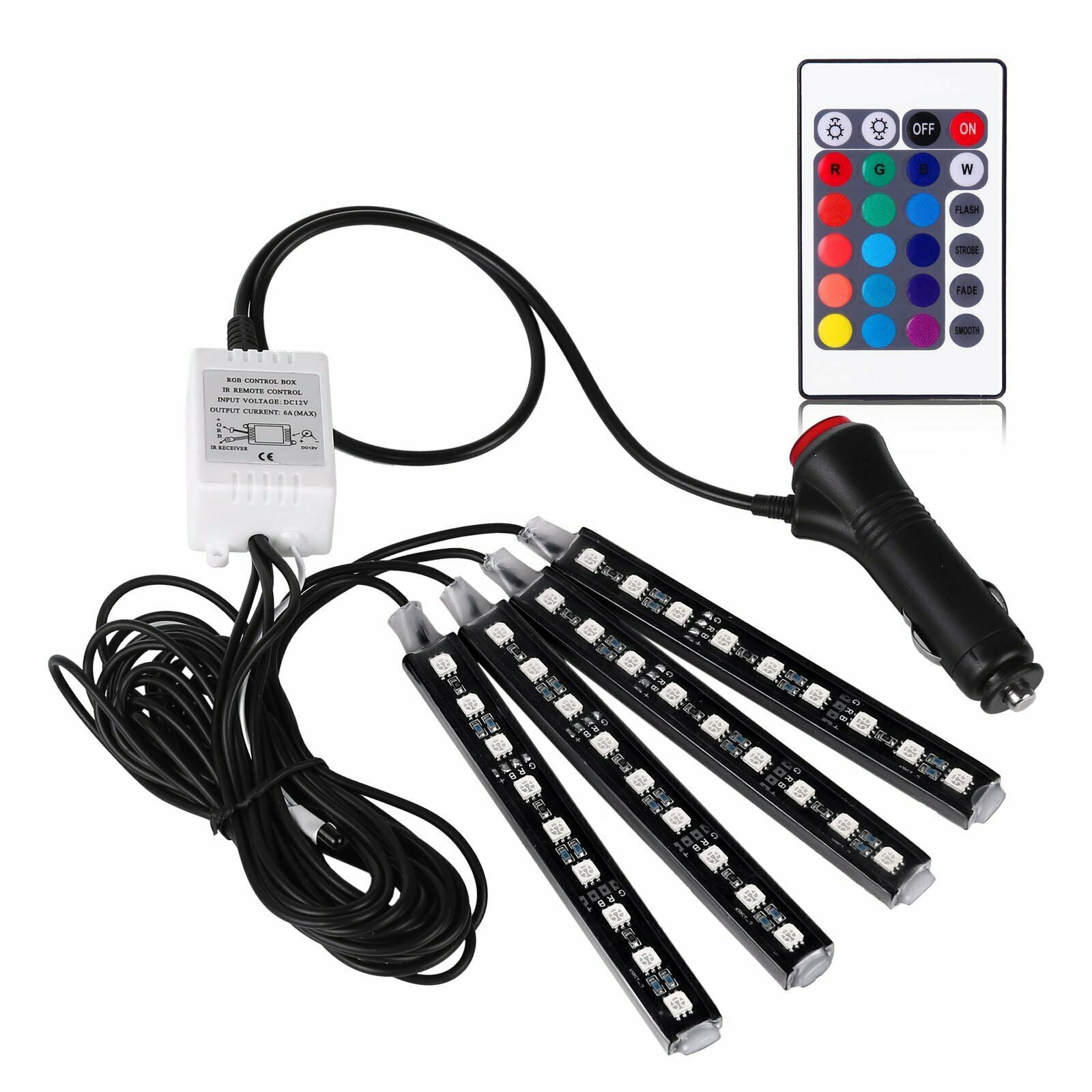 4x RGB Car LED Interior Strips 12 SMD Atmosphere Under dash Accent Light Kit