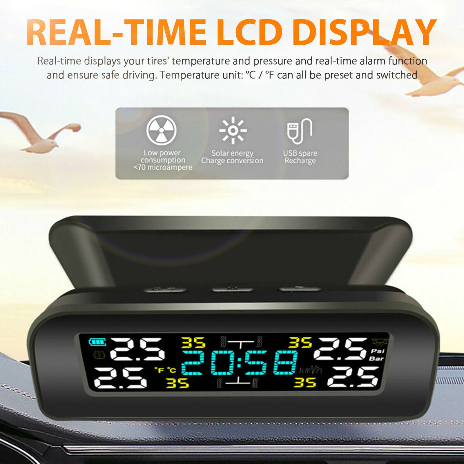 Wireless Solar TPMS LCD USB Car Tire Pressure Monitoring System 4External Sensor