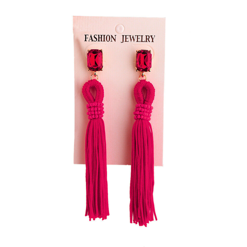 Fashion Women Party Jewellery Long Fringe Taasel Dangle Earrings Rose Red