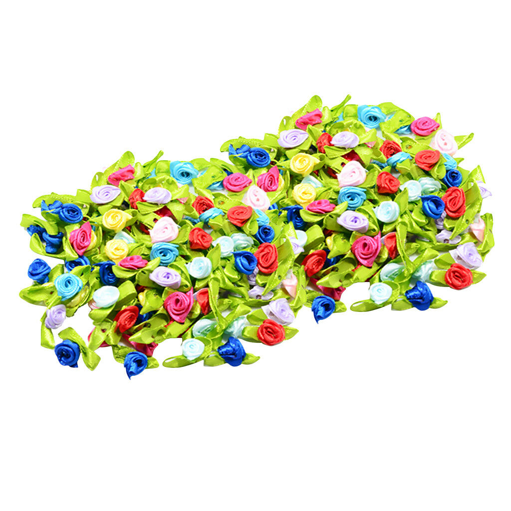 200pcs Satin Tiny Rose Bud Ribbon Decor Flowers Sewing Applique DIY Hairband