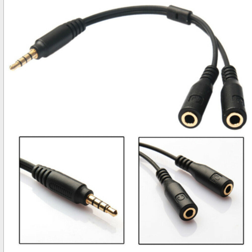3.5mm Female to 2 Male Y Splitter Aux Audio Cable PC Headphone Earphone Mic Jack