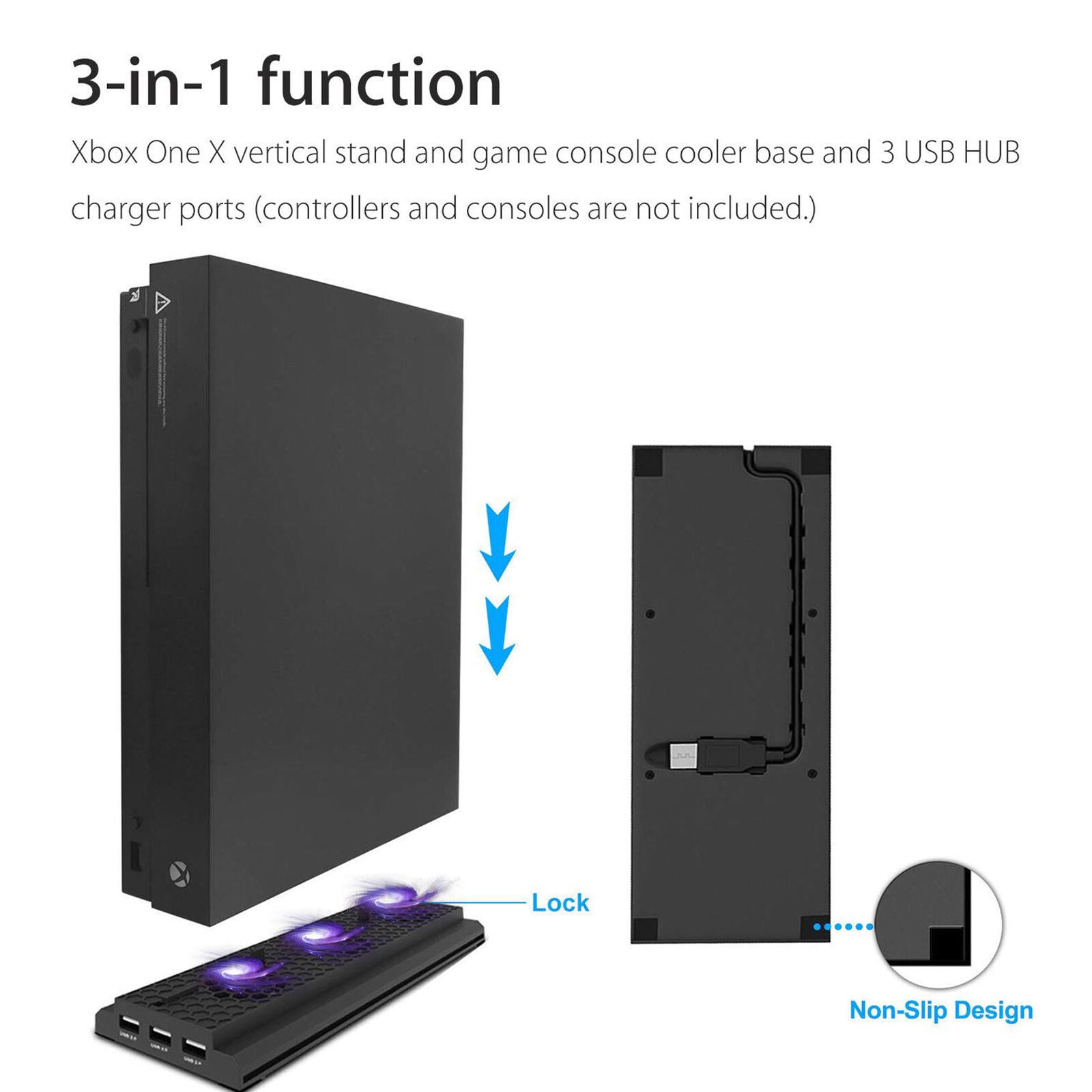 For Xbox One X Console Large Air Volume Cooling Fan 3 Ports Vertical Stand Dock