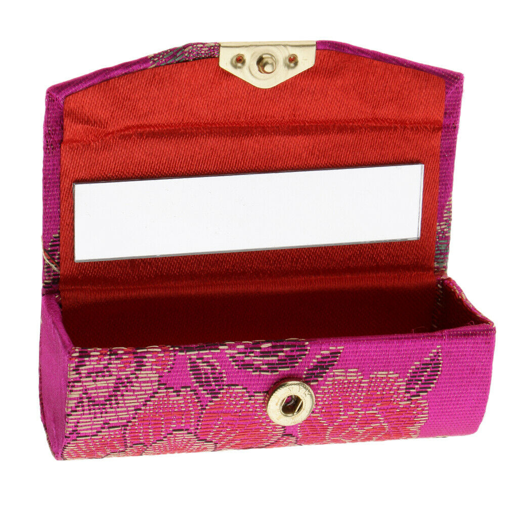 Flower Design Retro Lipstick Case Brocade Embroidered Holder Box w/ Mirror