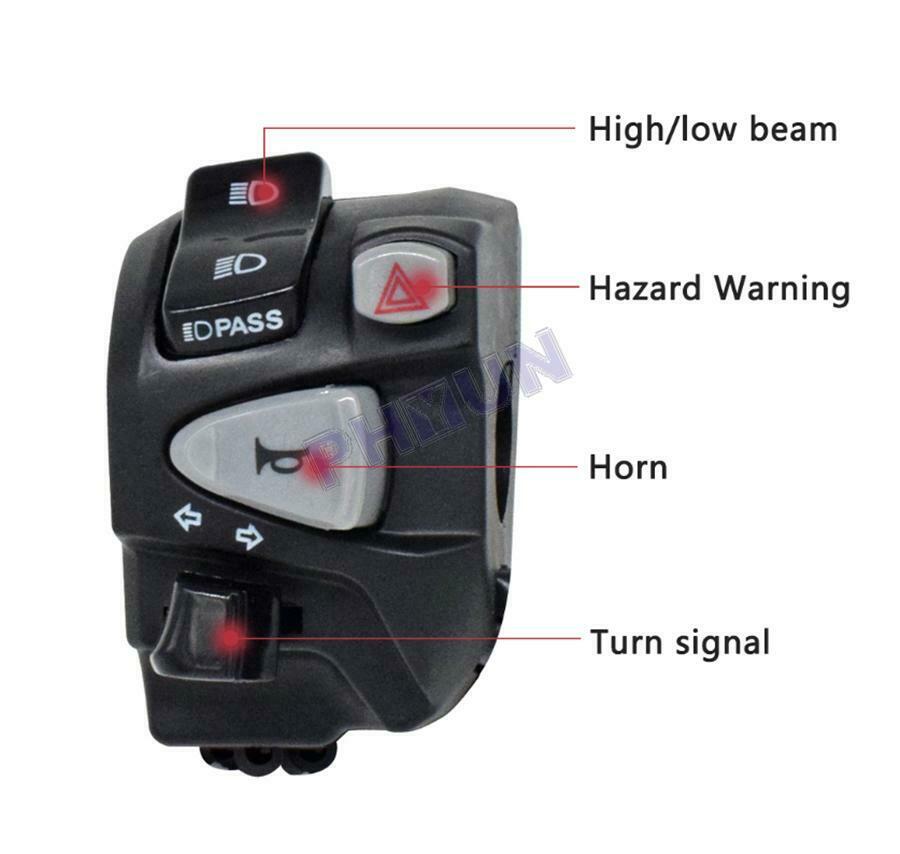 7/8" Motorcycle Handlebar Switch For Horn Turn Signal Low/High Beam Headlight ON