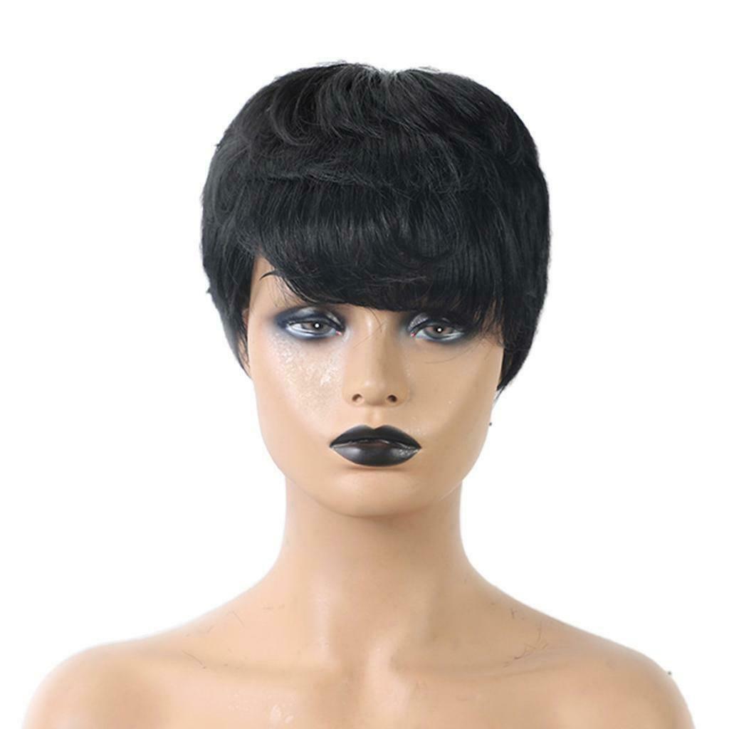 8" Women Pixie Cut Straight Daily Wig w/ Bangs Layered Short Human Hair Wigs