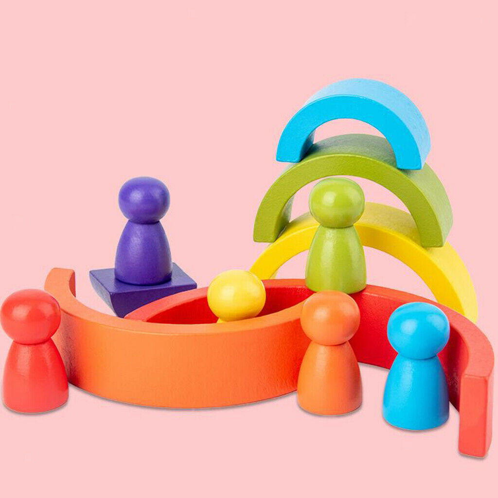 12Pcs Wood Rainbow Color Stacking Blocks Fun Building Nesting Toys for Kids Boys