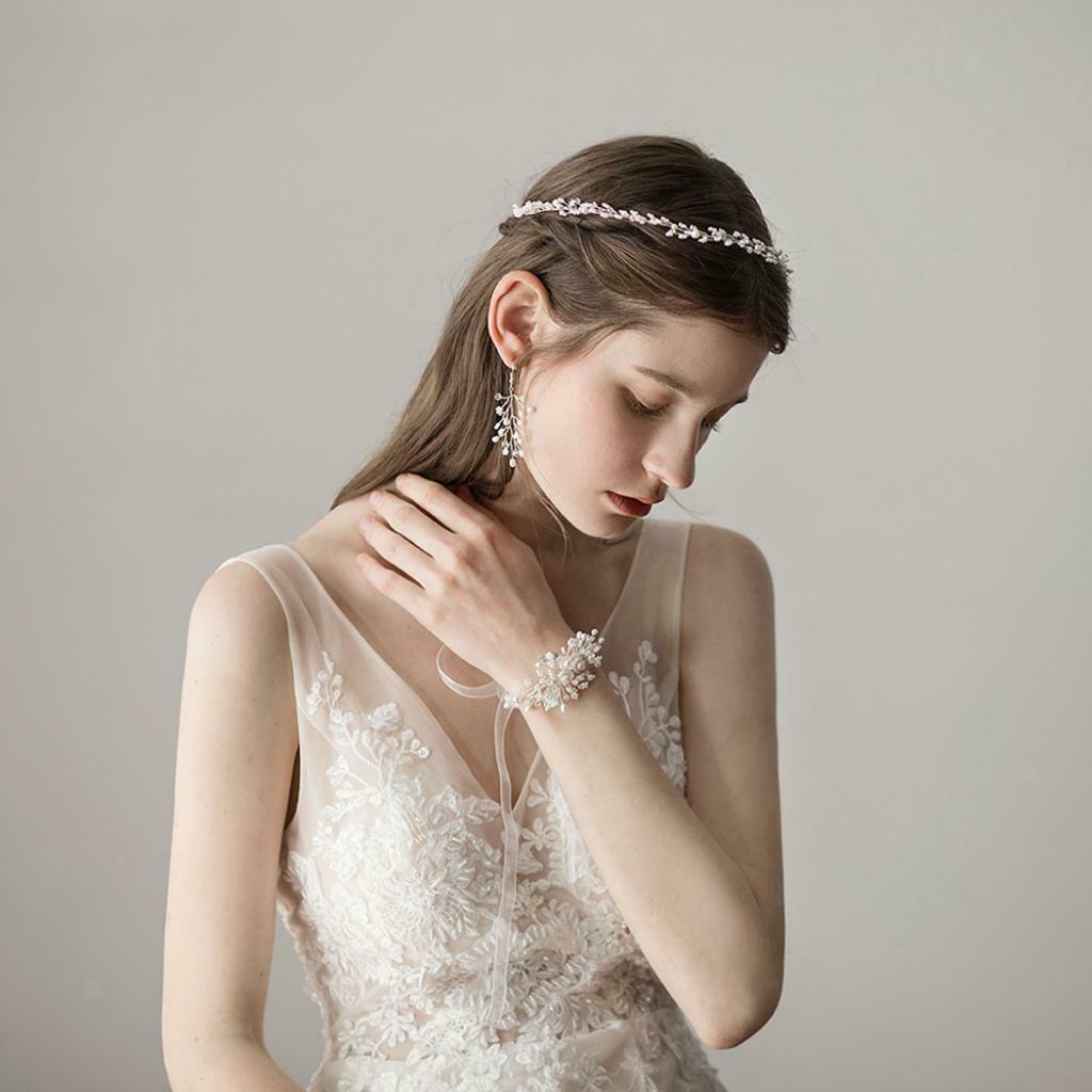 Pearls Beaded Headband Bridal Party Hair Band Vine Bracelet Earrings Set