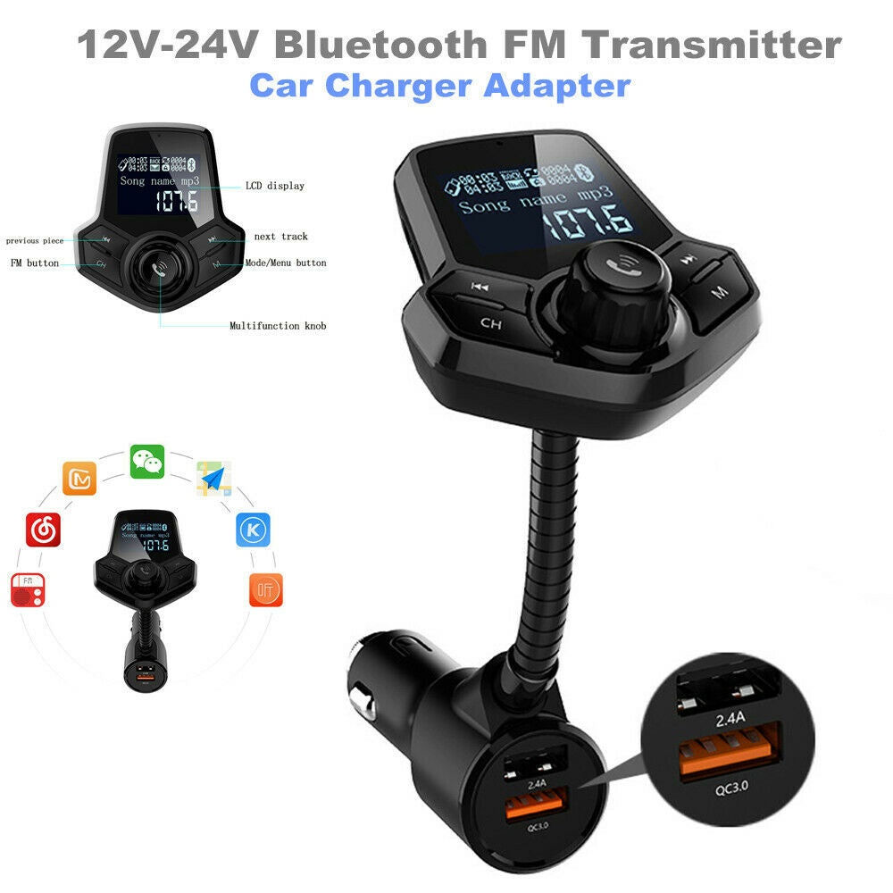 12V-24V Bluetooth FM Transmitter Car Charger Adapter Wireless Receiver 5V/2.4A