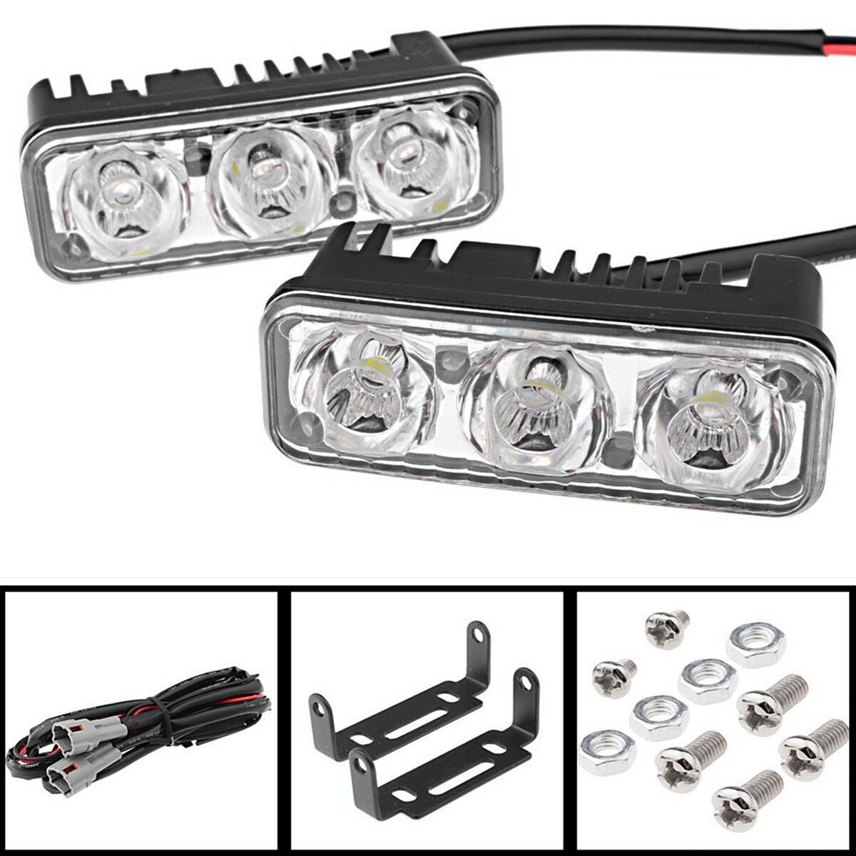 2x 3LED White Car Truck Daytime Running Light Fog Lamp with Mounting Bracket DRL