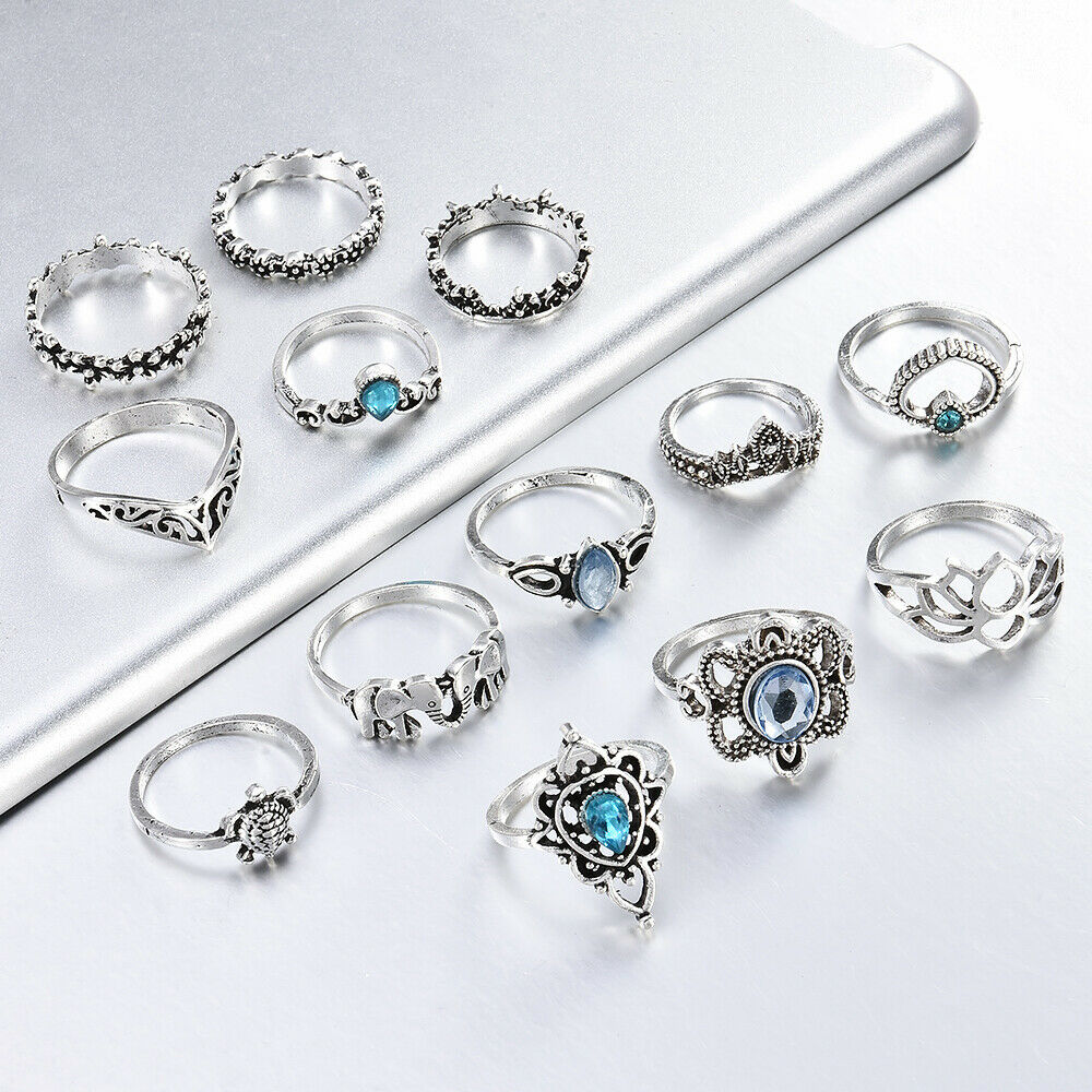 Women 13pcs Blue Crystal Turtle Finger Rings Knuckle Midi Ring Sets Boho Jewelry