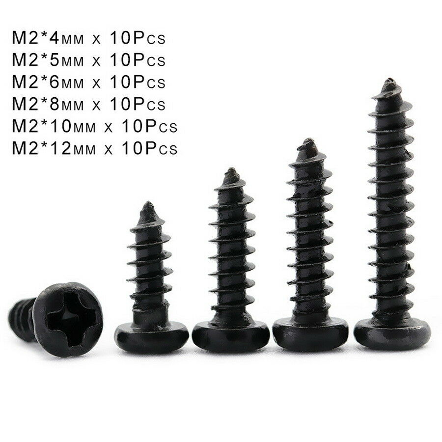 60Pcs M2 * 4-12mm Phillips Pan Head Self Tapping Screws Micro Set Zinc Black