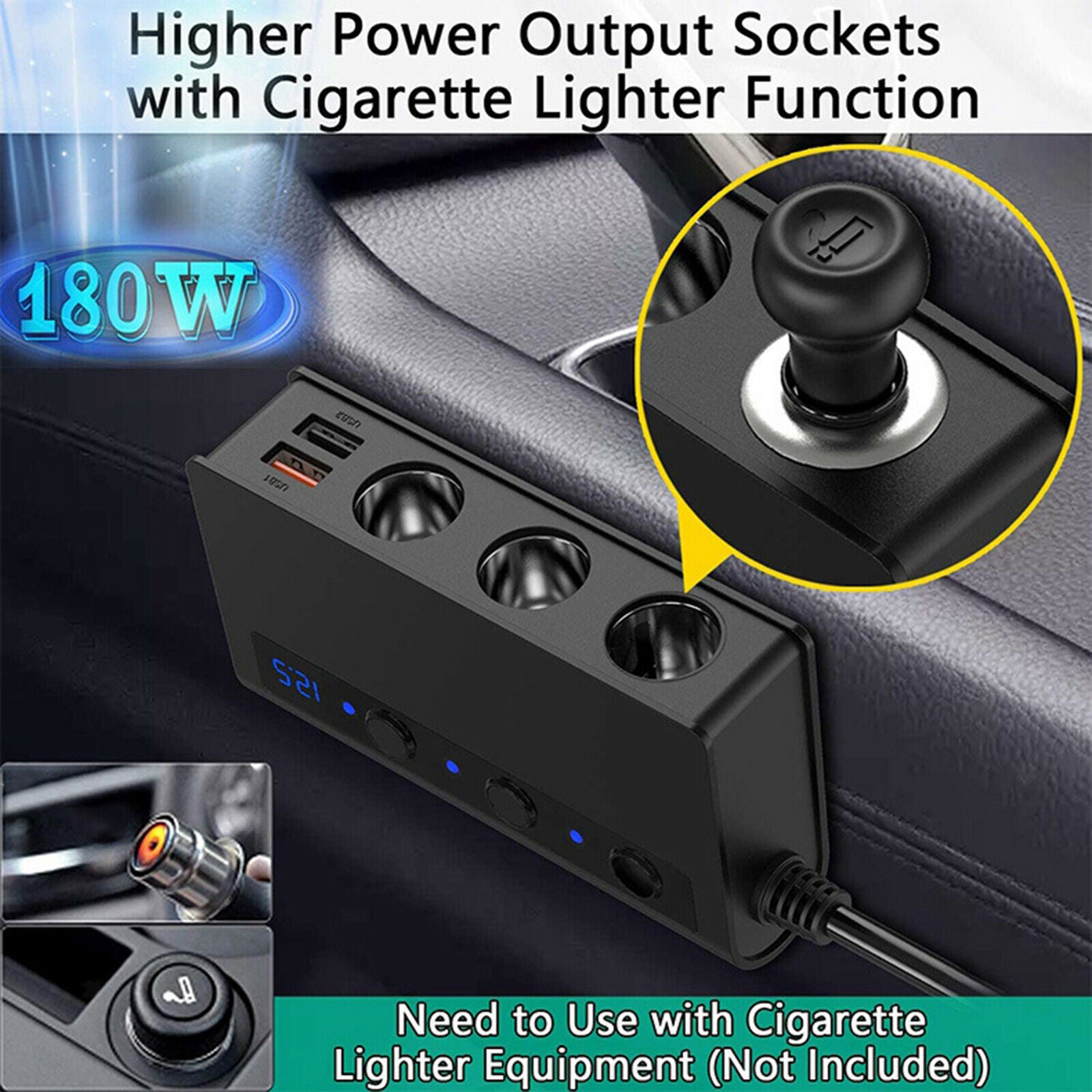 Car Auto Cigarette Lighter Adapter 180W Power Adaptor with 4x USB Port LED