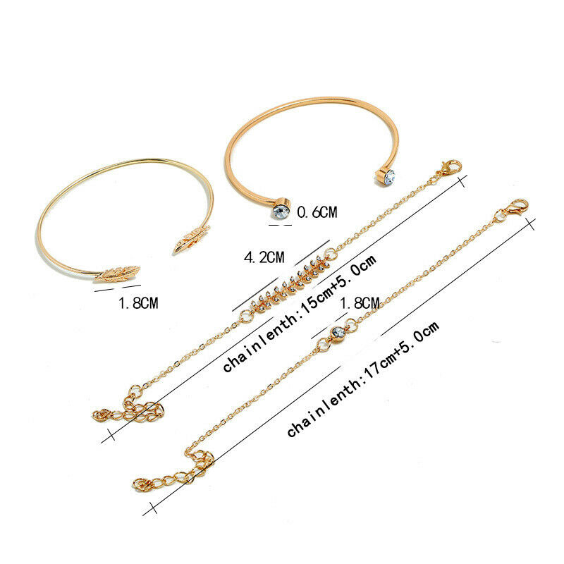 4Pcs/set Fashion Women Geometric Crystal Leaf Bracelet Adjustable Bangle .l8
