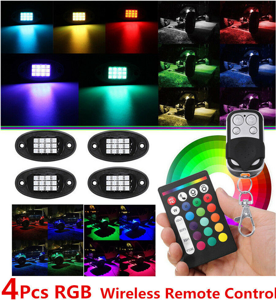 4x Universal RGB LED Under Body Light Mini Rock Lamp Car Off-Road Remote Control