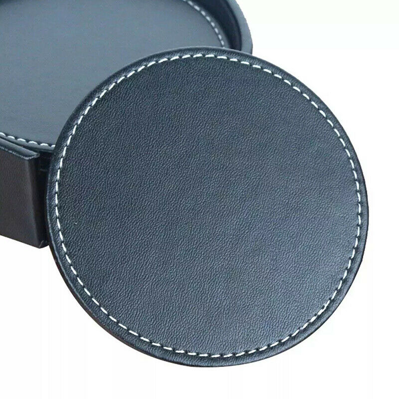 Set of 6 Black Round Leather Coffee Mug Drink Coasters Table Cup Mat  FTDFAU