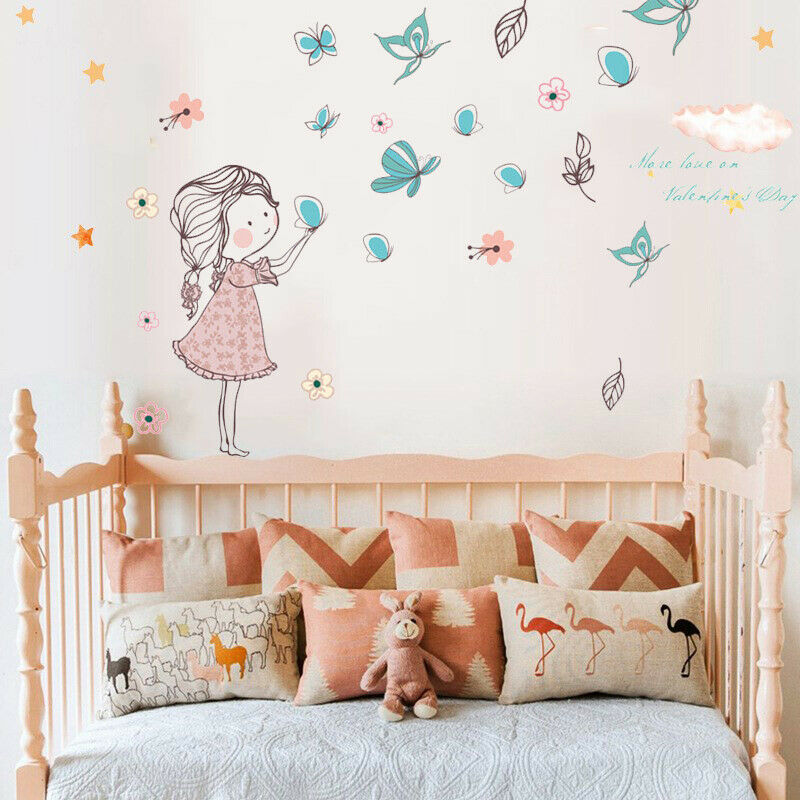 Flying butterfly girl wall stickers Girls room decoration art cartoon Wal.l8