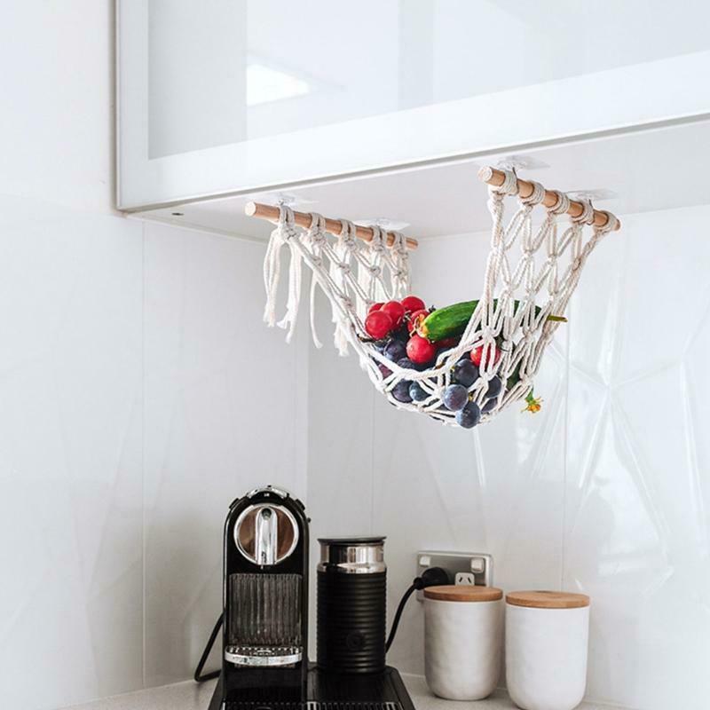Boho Woven Macrame Fruit Hammock Under Cabinet Wooden Stick Hanging Net Basket