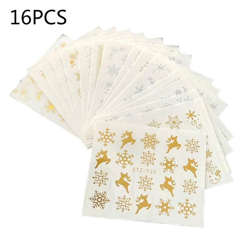 16 Sheets Christmas Snowflake Deer Nail Art Stickers Shiny Water Transfer Decals