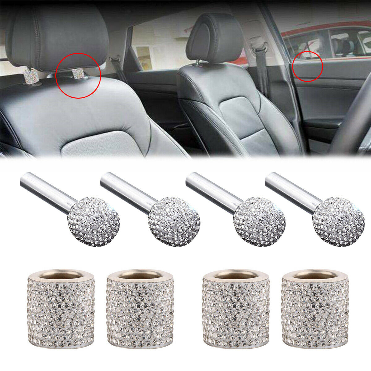 8Pcs Seat Headrest Collar Decor  + Interior Door Lock Knob Bling Car Interior